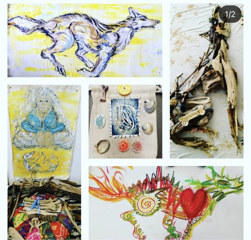 A collage of various pieces of art, including a drawing of a wolf.