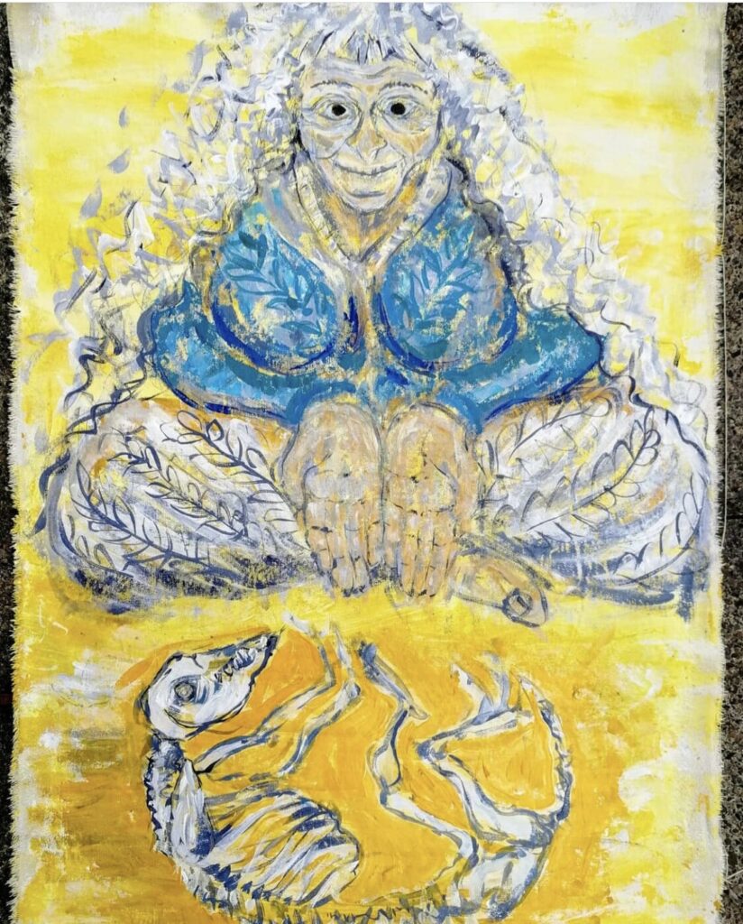 A painting of a woman with a skeleton on a yellow background.