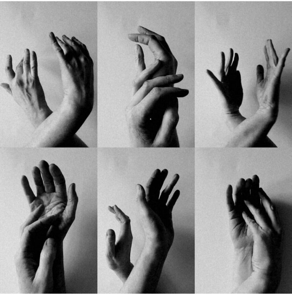 A series of black and white photographs of hands.
