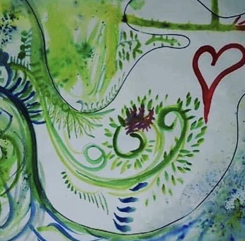 A watercolor painting of a dove with a heart.