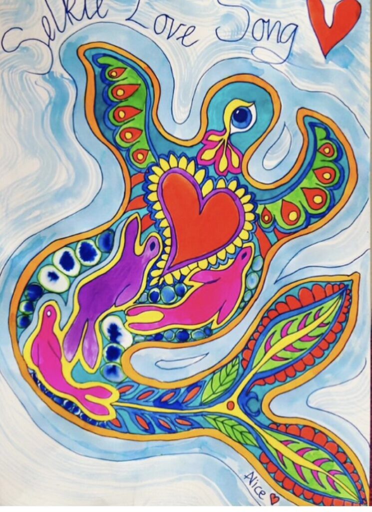 A colorful drawing of a turtle with a heart on it.