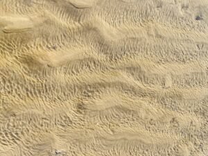 An aerial view of a sand dune, enhanced by the glistening light reflecting off nearby water.