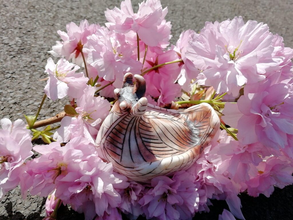 A seashell sitting on top of pink cherry blossoms.