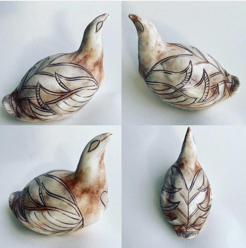 Four pictures of a ceramic bird with leaves on it.