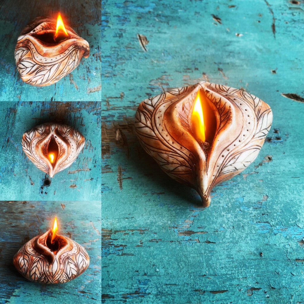 A series of pictures of different shaped candles on a table.