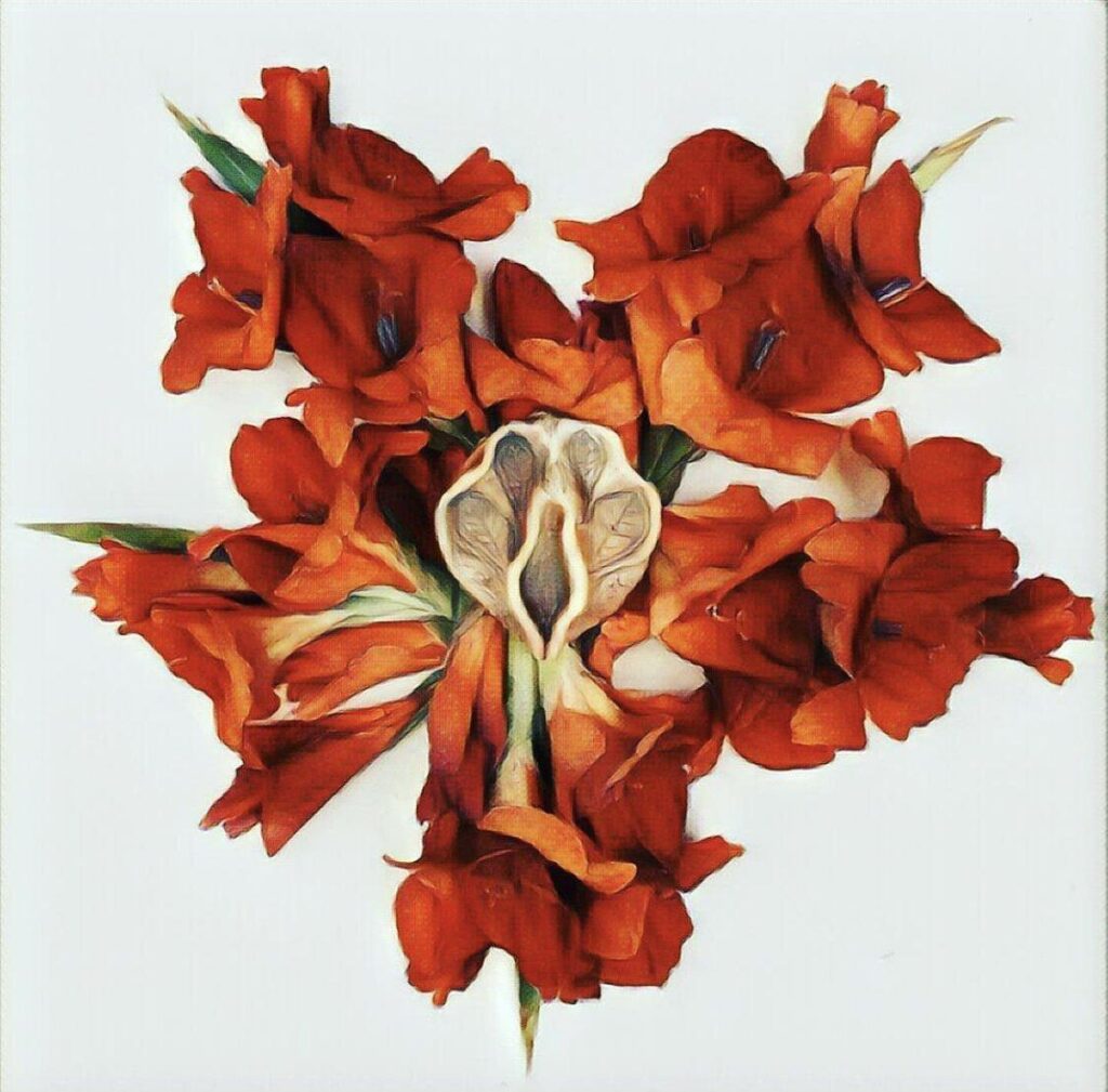 A painting of red flowers on a white tile.