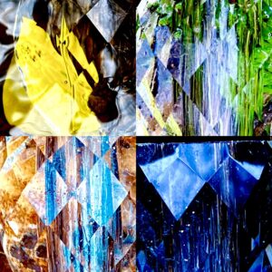 Four pictures of a vase filled with water showcasing crystal bead experiments.