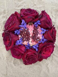 Yoni Mandala painted with pomegranate roses on the sand.
